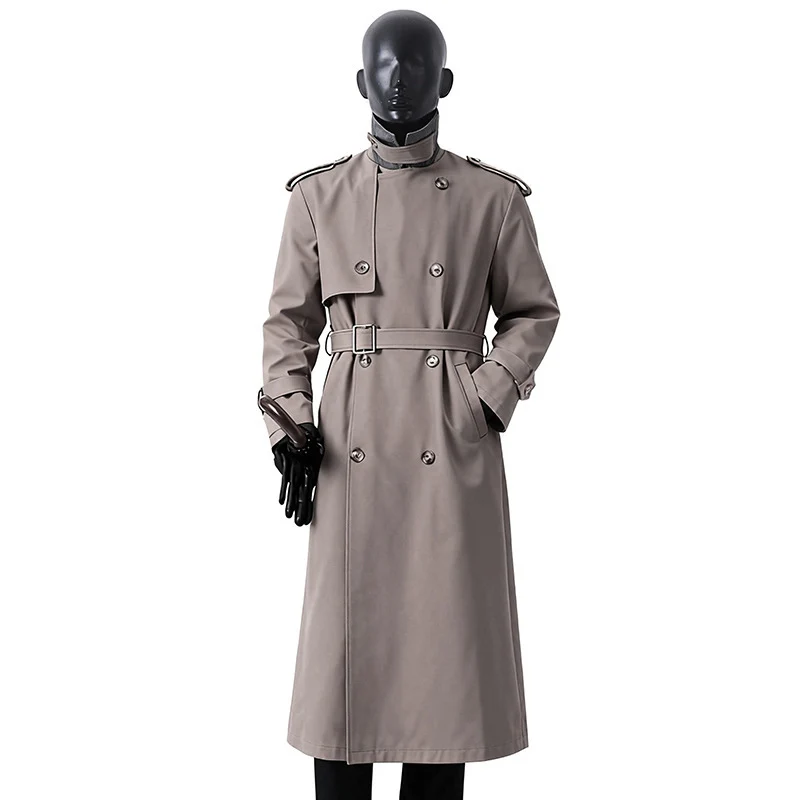 Herren Zeitloser Maxilanger Trenchcoat im Military-Stil mit Sturmklappe und Taillengürtel Nord Taschen