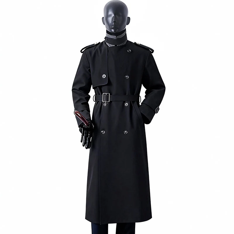 Herren Zeitloser Maxilanger Trenchcoat im Military-Stil mit Sturmklappe und Taillengürtel Nord Taschen