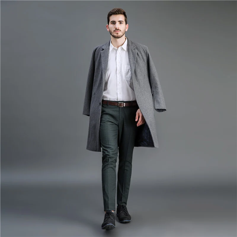 Herren Zeitloser langer Wollmantel mit schmalem Revers und Zweiknopf‑Verschluss Nord Taschen