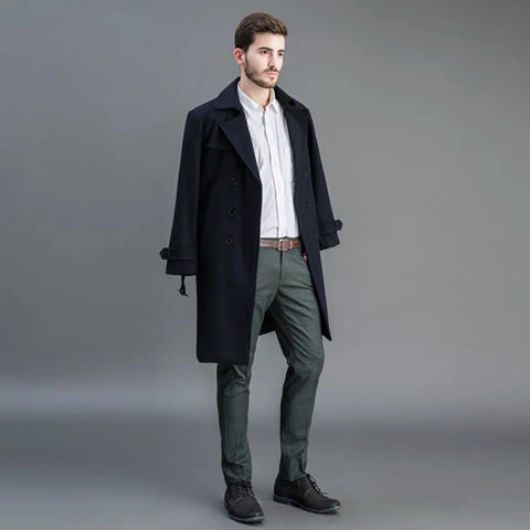 Herren Wollmantel im Trench-Look mit doppelter Knopfleiste und Schalkragen Nord Taschen