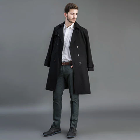 Herren Wollmantel im Trench-Look mit doppelter Knopfleiste und Schalkragen Nord Taschen