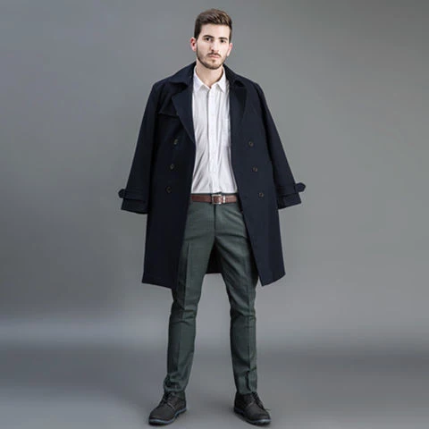 Herren Wollmantel im Trench-Look mit doppelter Knopfleiste und Schalkragen Nord Taschen