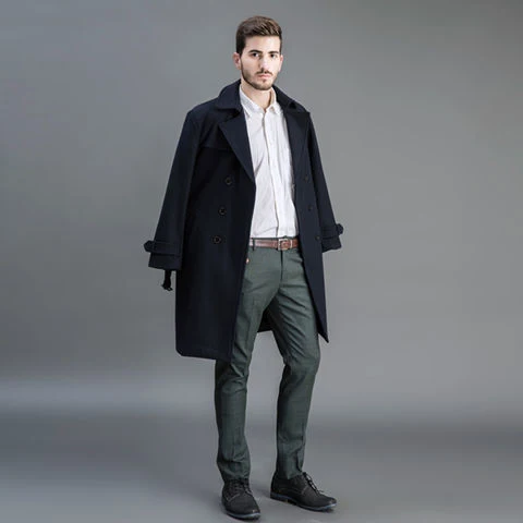 Herren Wollmantel im Trench-Look mit doppelter Knopfleiste und Schalkragen Nord Taschen
