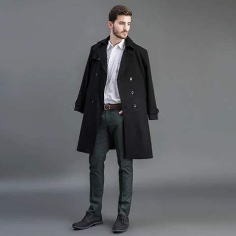 Herren Wollmantel im Trench-Look mit doppelter Knopfleiste und Schalkragen Nord Taschen