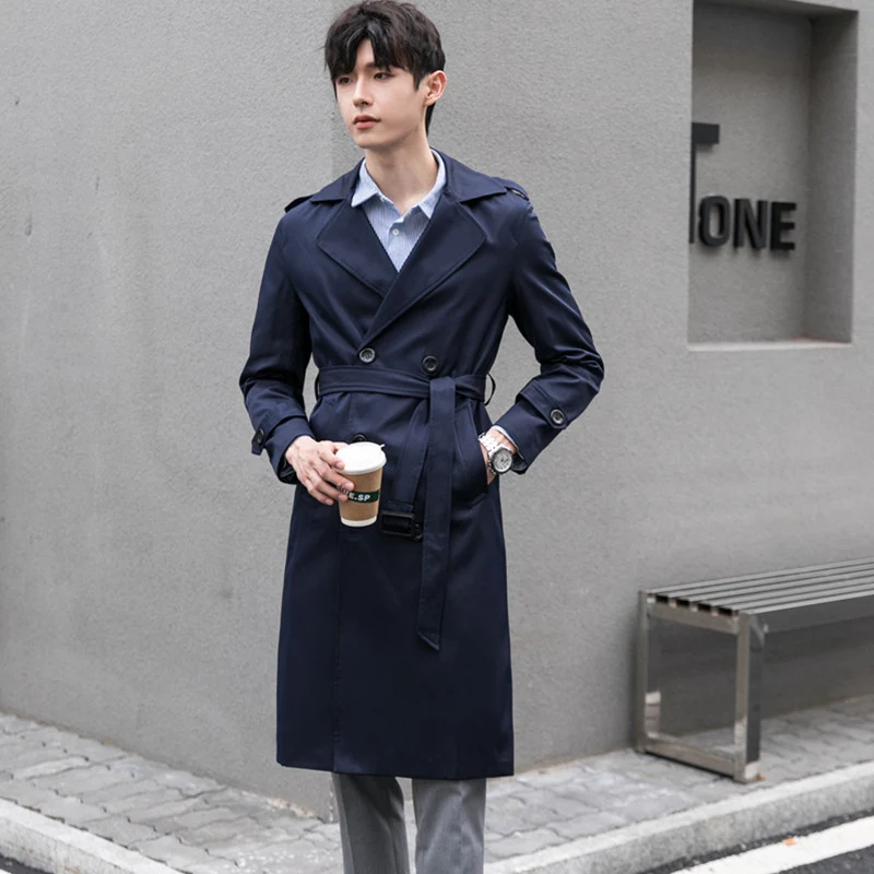 Herren Wasserabweisender Trenchcoat mit Doppelreihe, klassischem Revers und Taillengürtel Nord Taschen