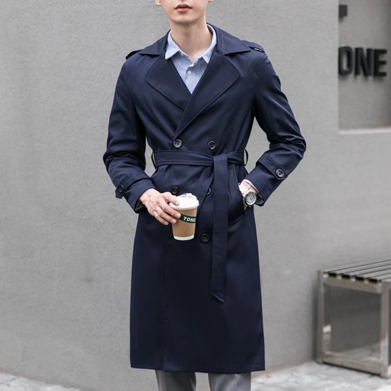 Herren Wasserabweisender Trenchcoat mit Doppelreihe, klassischem Revers und Taillengürtel Nord Taschen