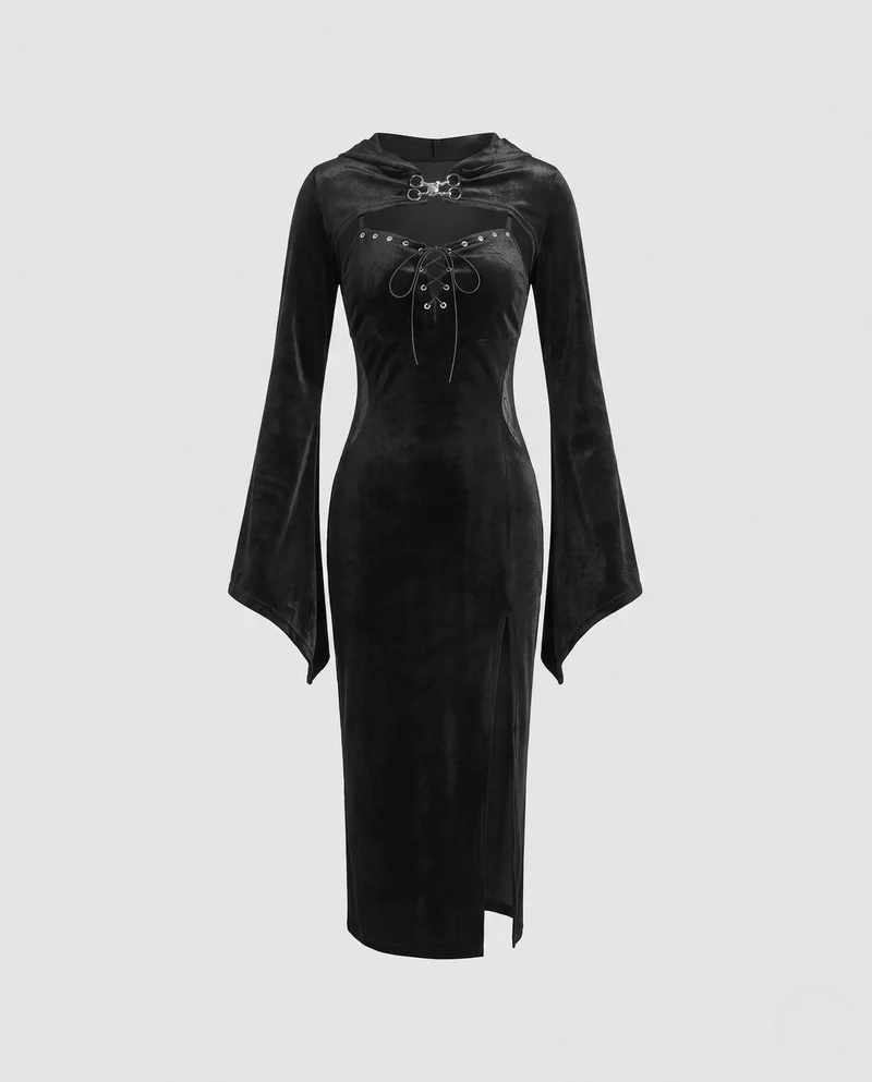 Damen Schickes Midikleid mit Kapuze und weiten Ärmeln Nord Taschen