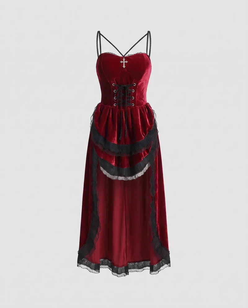Damen Sexy Gothic Kostümkleid mit Schnürung und Rüschendetails Nord Taschen