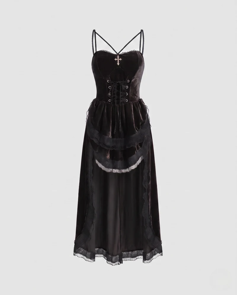 Damen Sexy Gothic Kostümkleid mit Schnürung und Rüschendetails Nord Taschen