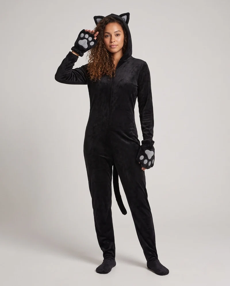 Damen Plüsch Katzenkostüm mit Kapuze und Pfoten-Details Nord Taschen