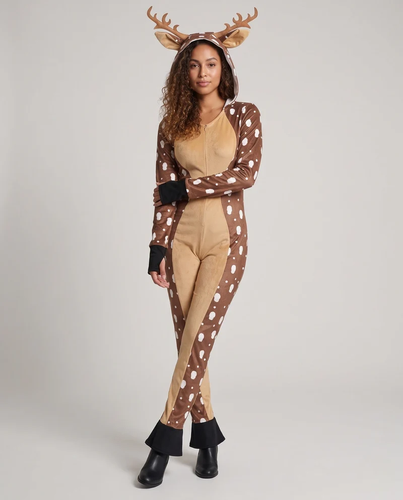 Damen Plüsch Rentier Overall mit Kapuze und niedlichen Details Nord Taschen