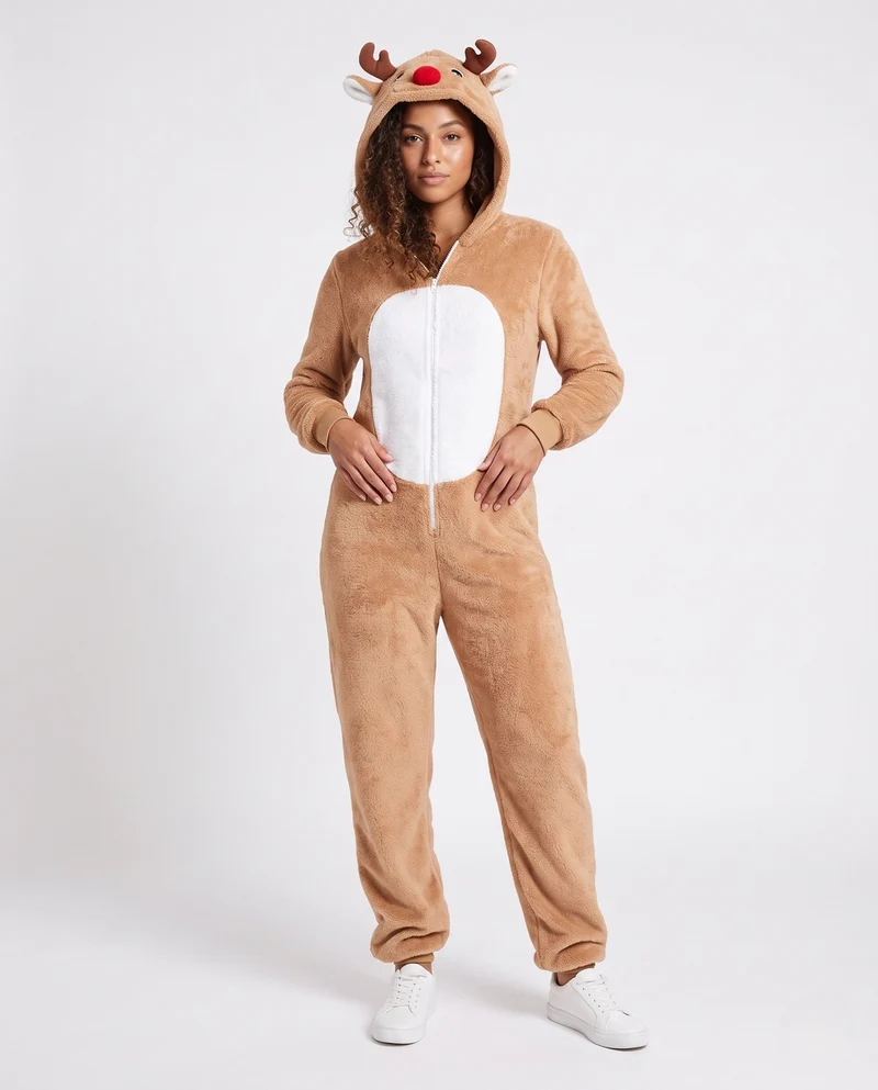 Damen Plüsch Rentier Overall mit Kapuze und tierischen Akzenten Nord Taschen