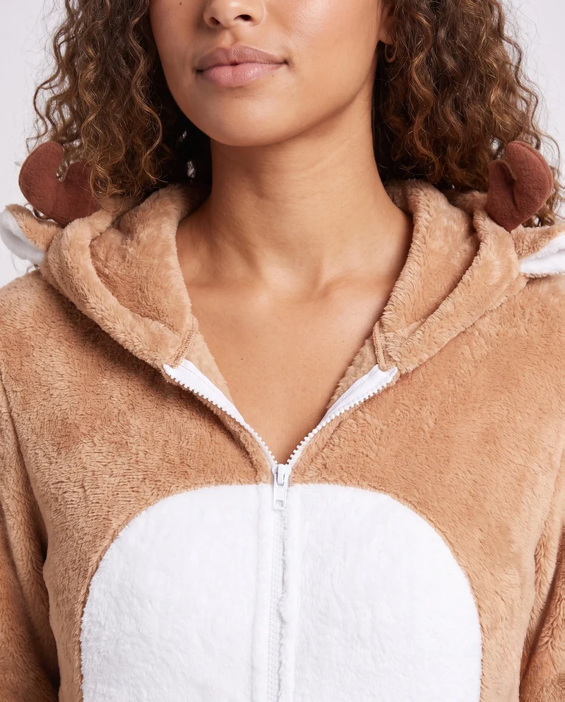 Damen Plüsch Rentier Overall mit Kapuze und tierischen Akzenten Nord Taschen