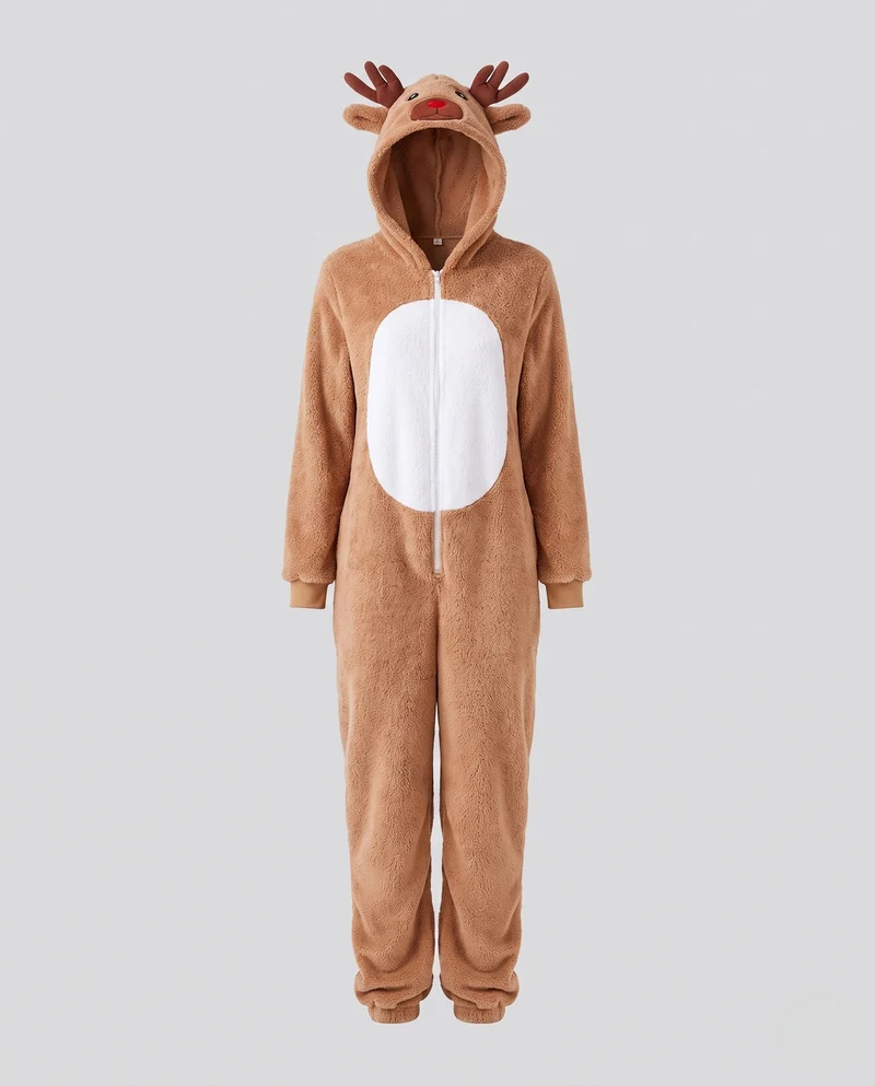 Damen Plüsch Rentier Overall mit Kapuze und tierischen Akzenten Nord Taschen