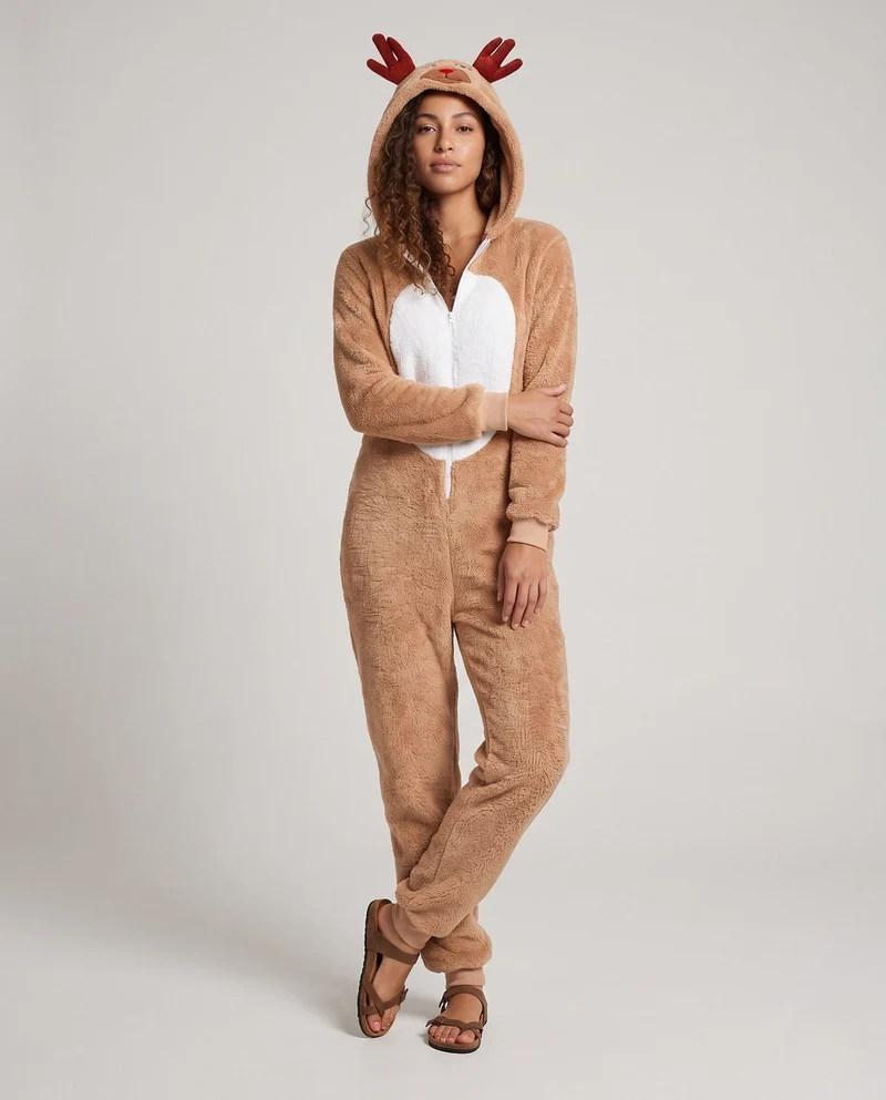 Damen Plüsch Rentier Overall mit Kapuze und tierischen Ohren Nord Taschen
