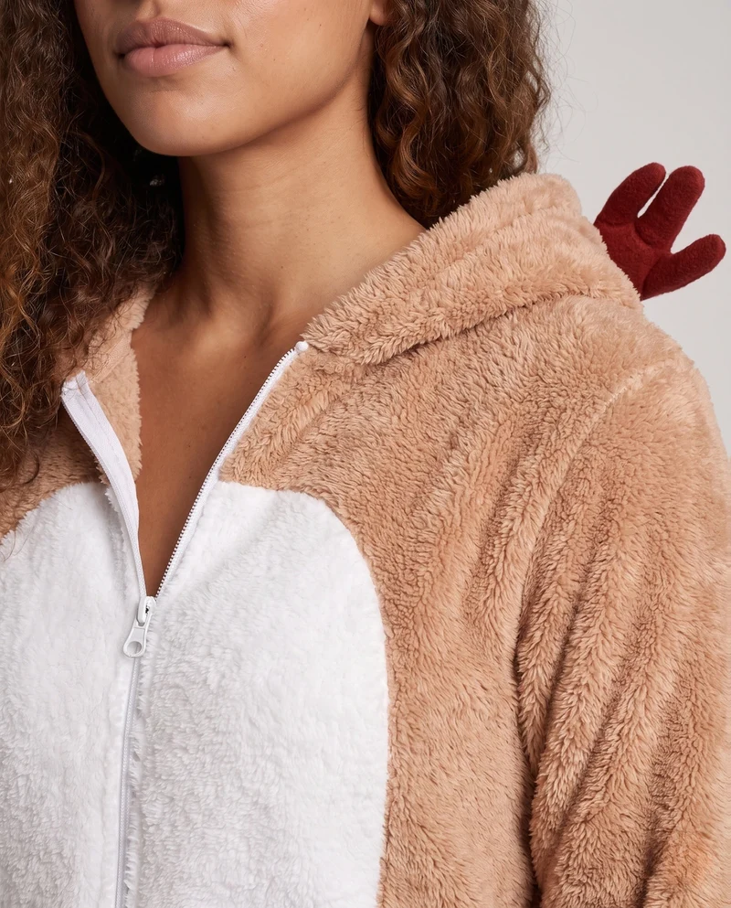 Damen Plüsch Rentier Overall mit Kapuze und tierischen Ohren Nord Taschen