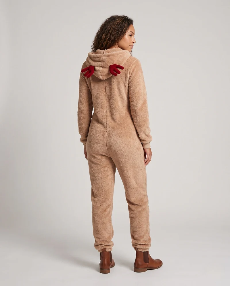 Damen Plüsch Rentier Overall mit Kapuze und tierischen Ohren Nord Taschen