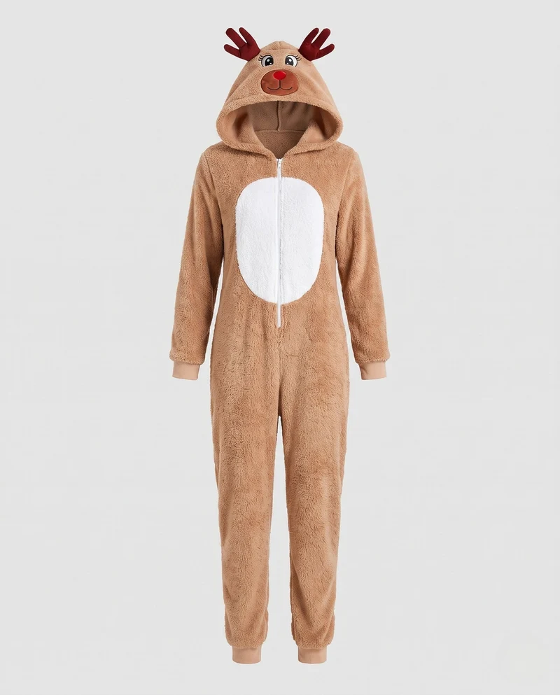 Damen Plüsch Rentier Overall mit Kapuze und tierischen Ohren Nord Taschen