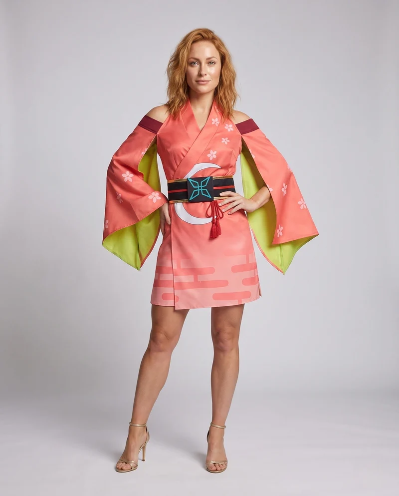 Damen traditionelles Kimono-Kleid mit kunstvollen Verzierungen und elegantem Bindegürtel Nord Taschen