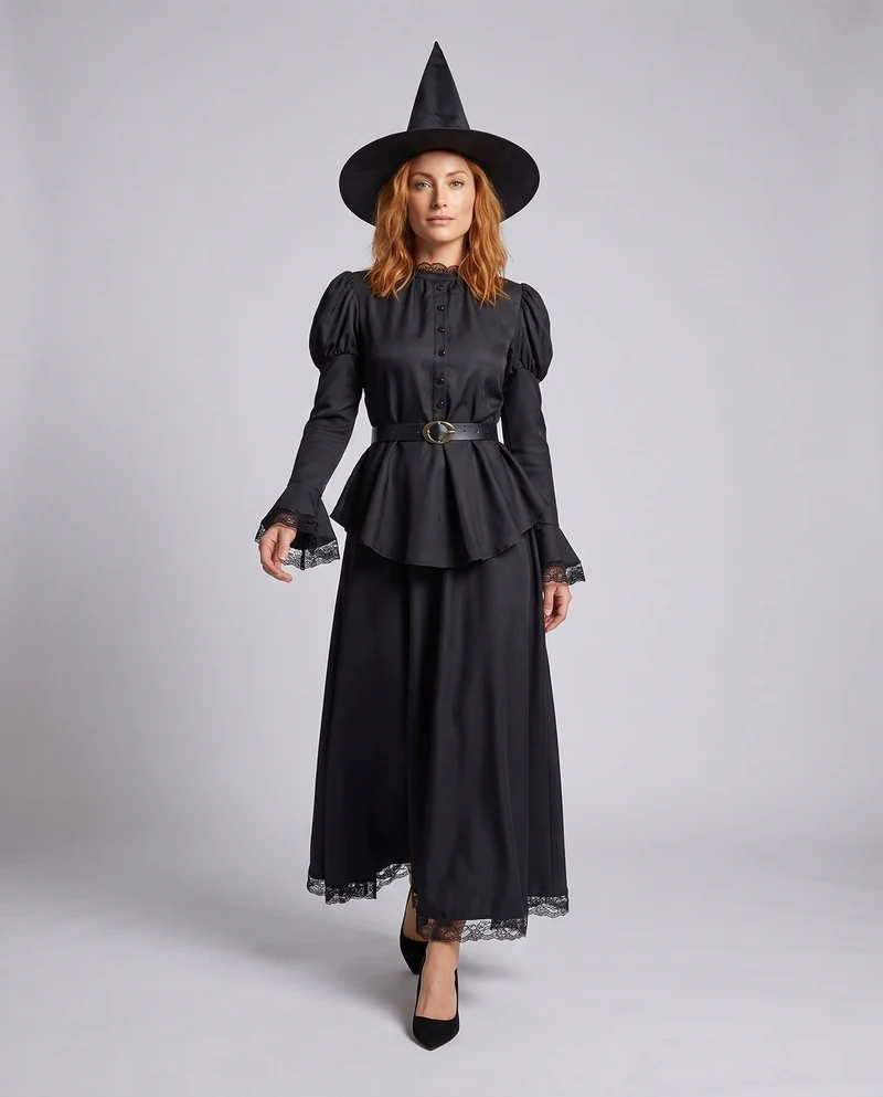 Damen Hexenkleid mit weitem Rock und Spitzenverzierungen Nord Taschen