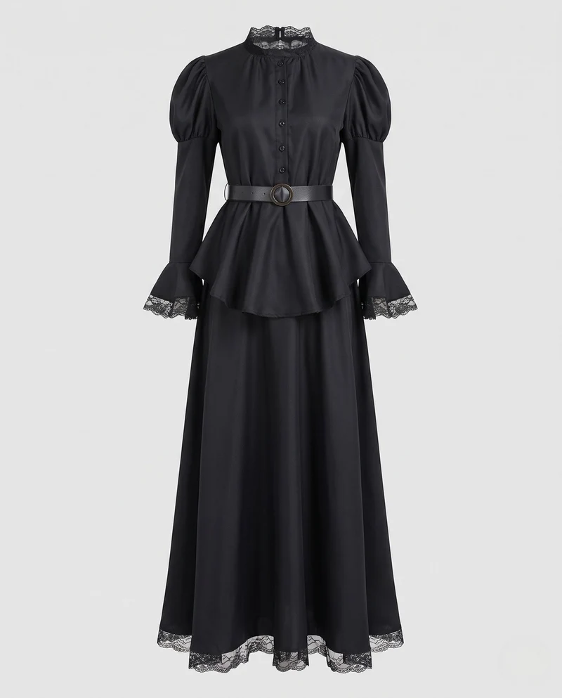 Damen Hexenkleid mit weitem Rock und Spitzenverzierungen Nord Taschen