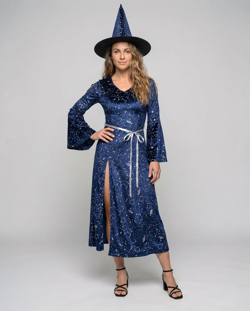 Damen Hexenkostüm mit tiefem Schlitz und eleganten Tüllärmeln Nord Taschen