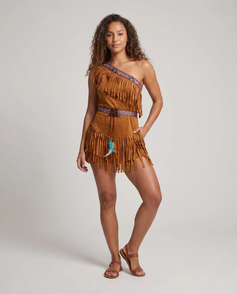 Damen indianisches Fransen-Kleid mit detaillierter Verzierung und passendem Zubehör Nord Taschen