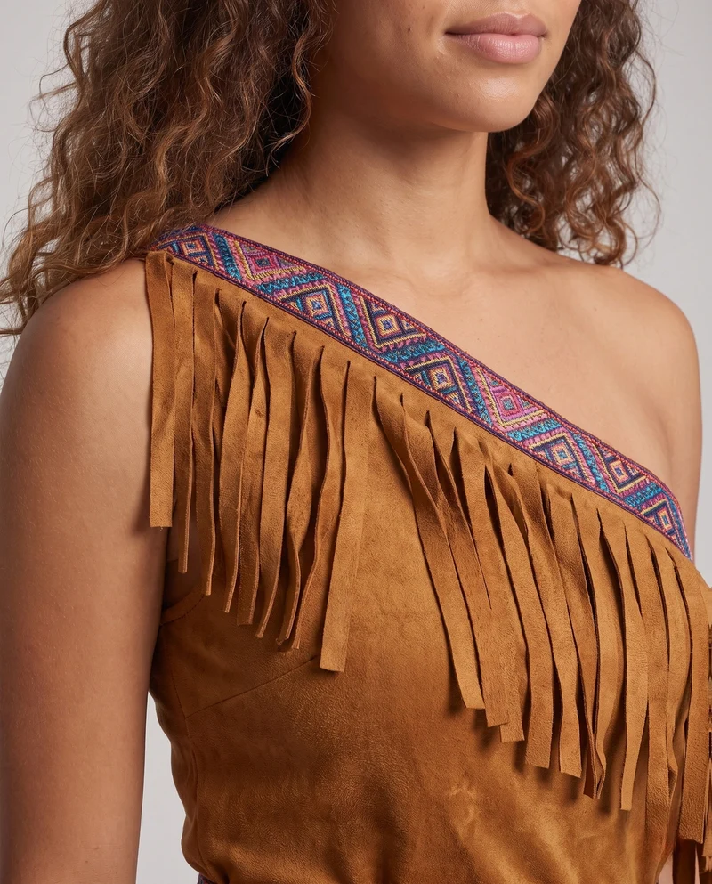 Damen indianisches Fransen-Kleid mit detaillierter Verzierung und passendem Zubehör Nord Taschen