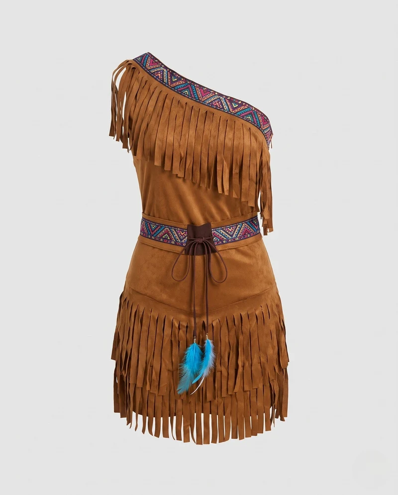 Damen indianisches Fransen-Kleid mit detaillierter Verzierung und passendem Zubehör Nord Taschen