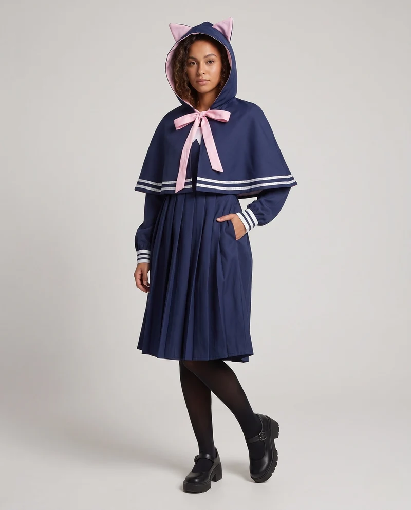 Damen Kapuzenkleid mit Katzenohren und gestreiftem Kragen Nord Taschen