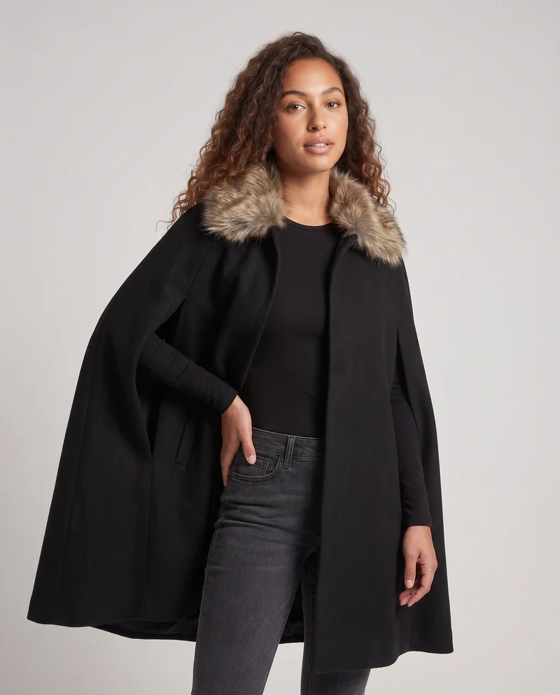 Damen eleganter Umhang mit luxuriösem Kunstfellkragen Nord Taschen