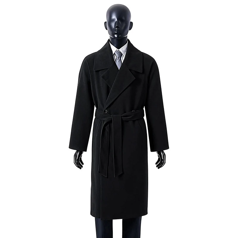 Herren Langer Wollmantel mit Bindegürtel und breitem Revers Nord Taschen