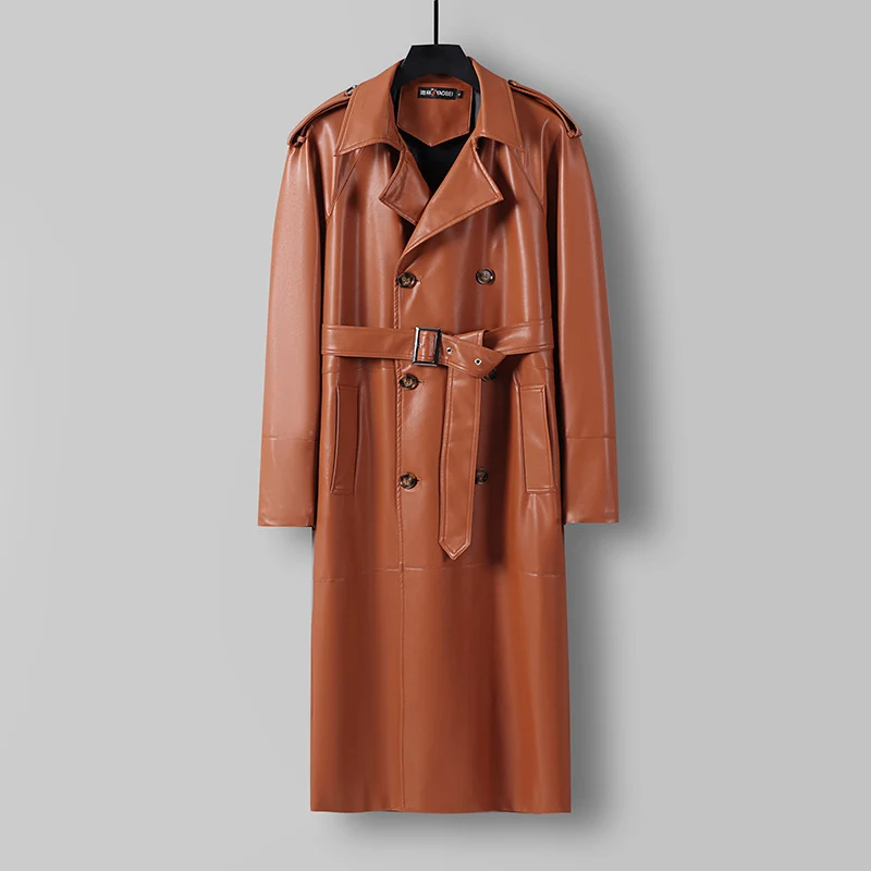 Herren Langer Kunstleder-Trenchcoat mit Doppelreiher, Taillengürtel und Schulterklappen Nord Taschen