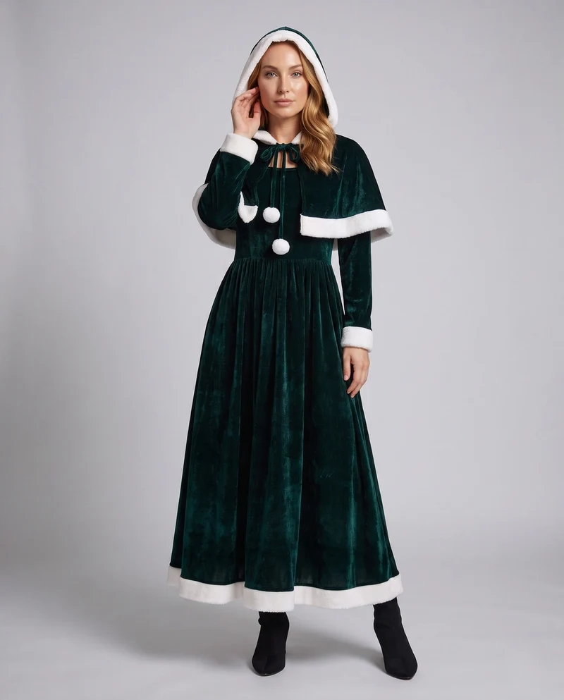 Damen Samt Weihnachtskleid mit Kapuze und eleganten Details Nord Taschen