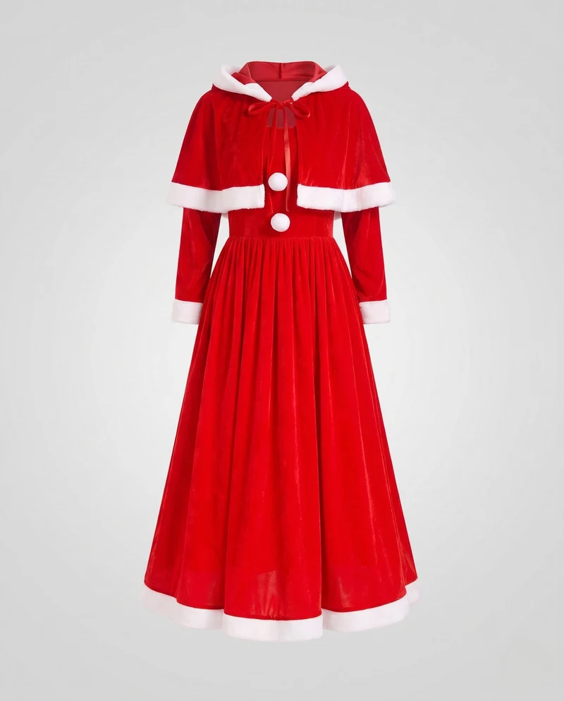 Damen Samt Weihnachtskleid mit Kapuze und eleganten Details Nord Taschen