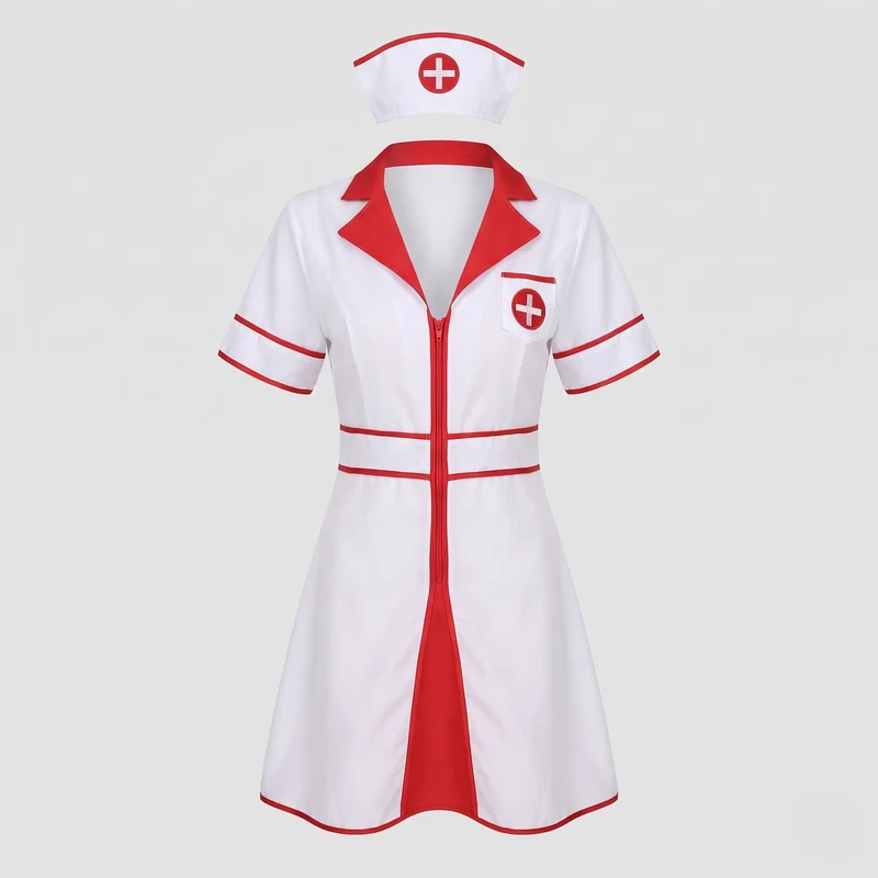 Damen Sexy Krankenschwester Kostüm mit Reißverschluss und detailliertem Design Nord Taschen