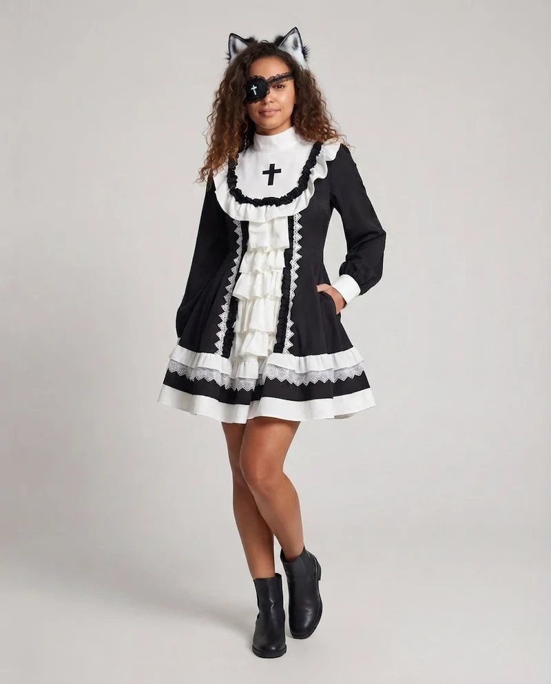 Damen Spitzen-Kleid mit Rüschen und Kreuzdetails Nord Taschen