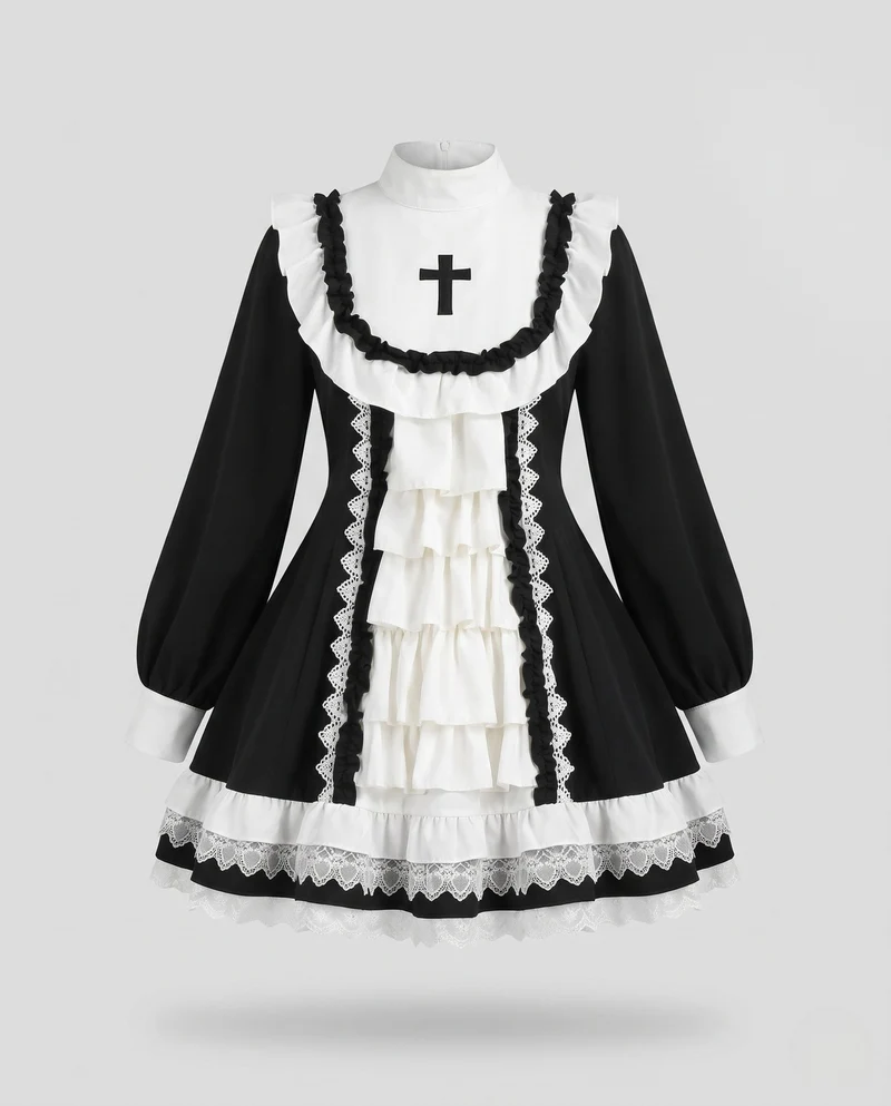 Damen Spitzen-Kleid mit Rüschen und Kreuzdetails Nord Taschen