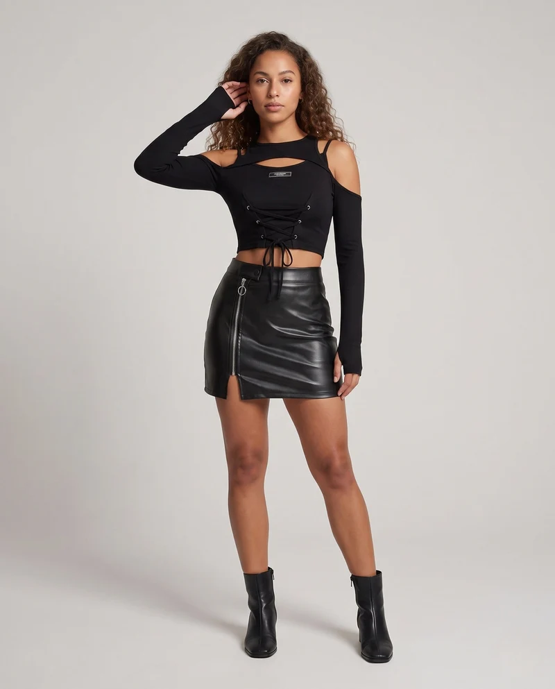 Damen stylishes Langarm-Top mit Cut-Outs und Schnürung Nord Taschen