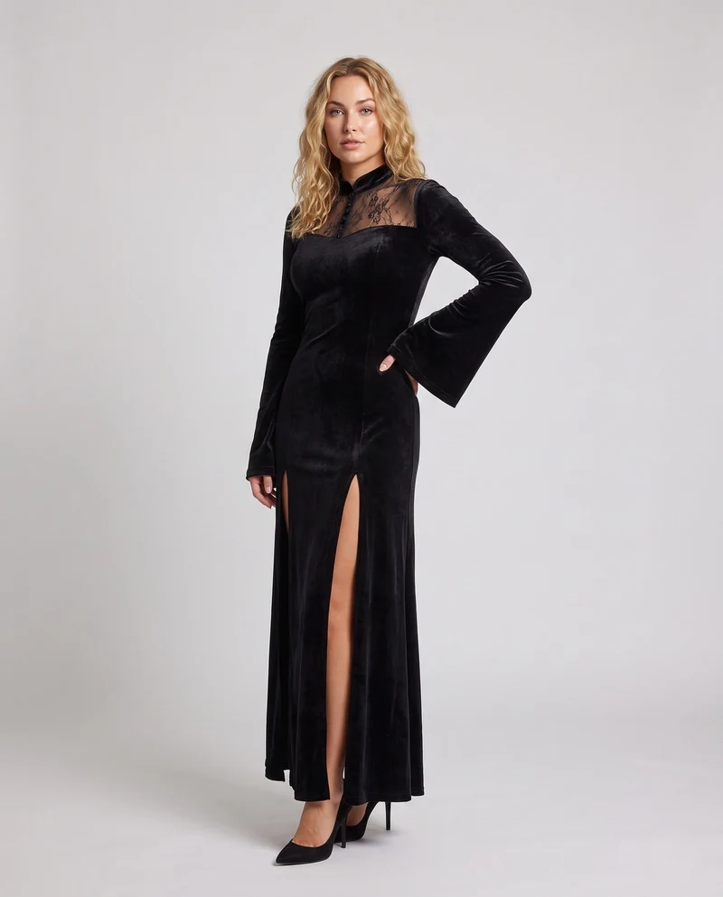 Damen Abendkleid mit Spitzenuntersetzung und tiefem Schlitz Nord Taschen