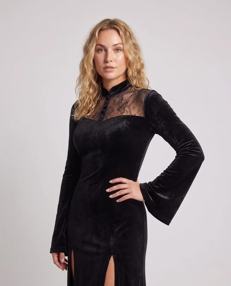 Damen Abendkleid mit Spitzenuntersetzung und tiefem Schlitz Nord Taschen