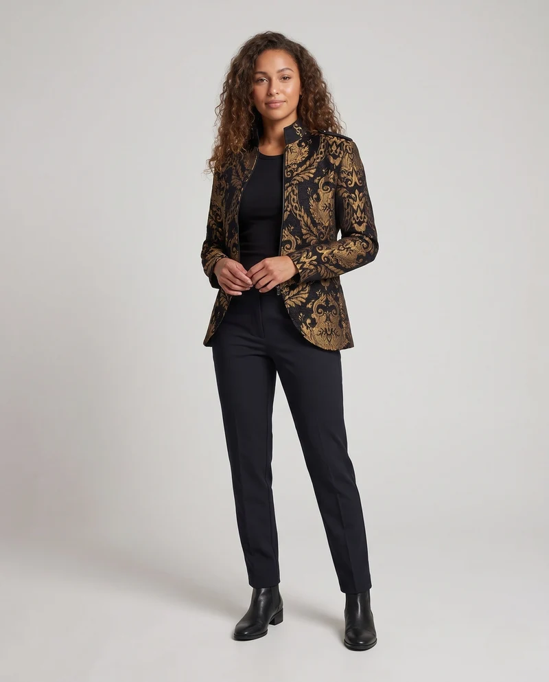 Damen Eleganter Jacquard-Mantel mit kunstvollen Verzierungen Nord Taschen