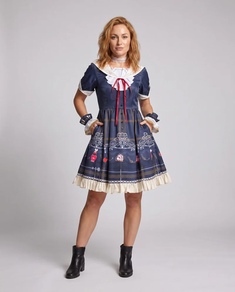 Damen verspieltes Gothic-Kleid mit eleganten Rüschendetails und kunstvollen Accessoires Nord Taschen