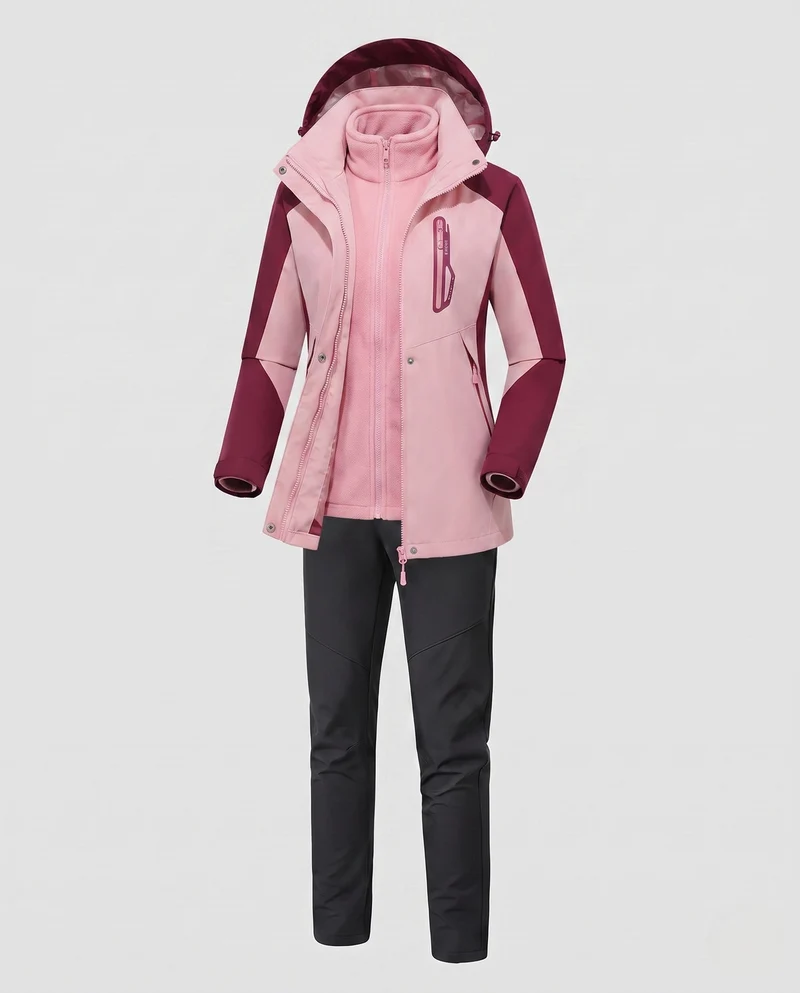 Damen multifunktionale Softshell Outdoorjacke Set mit Fleece Innenjacke und funktionalen Hosen Nord Taschen