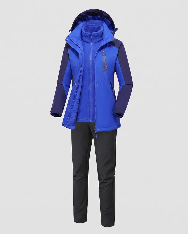 Damen multifunktionale Softshell Outdoorjacke Set mit Fleece Innenjacke und funktionalen Hosen Nord Taschen
