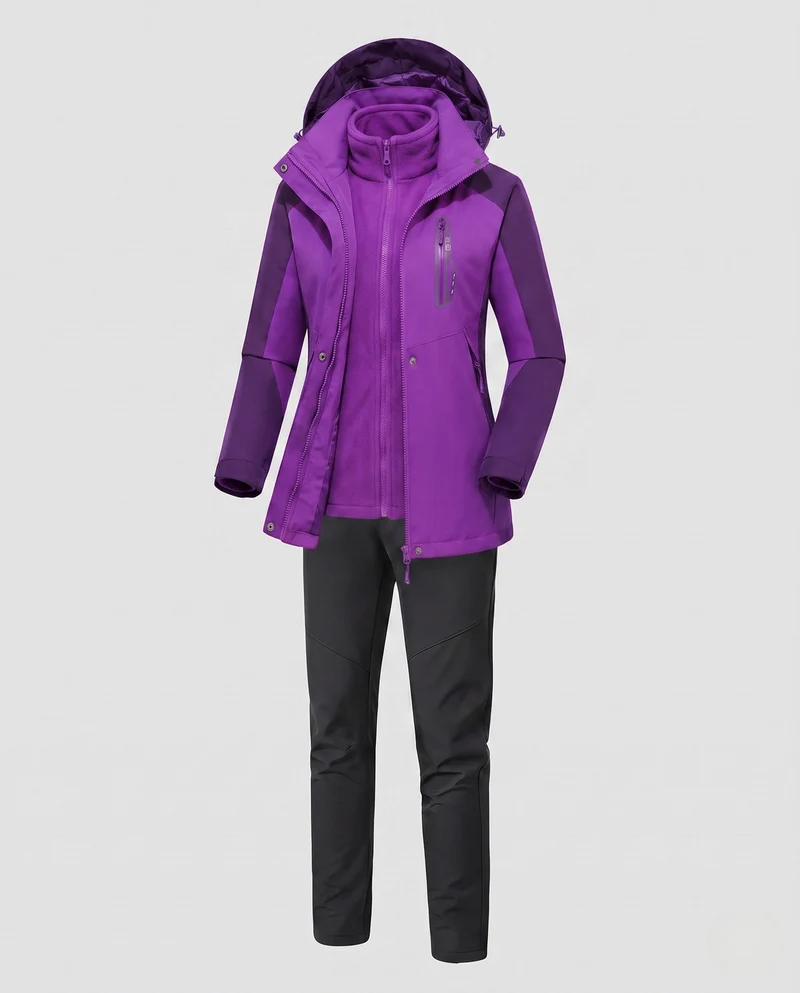 Damen multifunktionale Softshell Outdoorjacke Set mit Fleece Innenjacke und funktionalen Hosen Nord Taschen