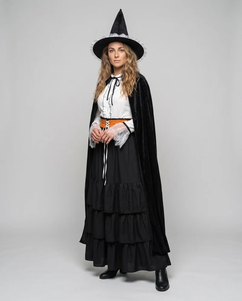 Damen Hexenkostüm mit voluminösem Cape und detailreicher Bluse Nord Taschen