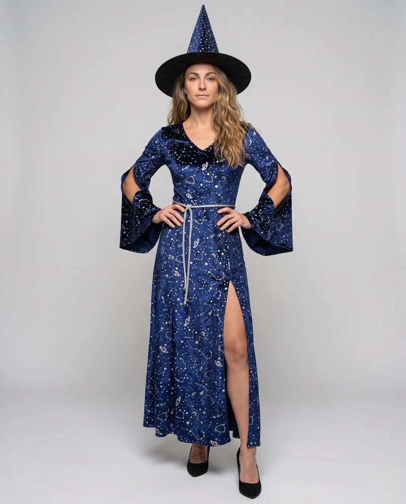 Damen Hexenrobe mit langer Schleppe und glitzernden Sternenmotiven Nord Taschen