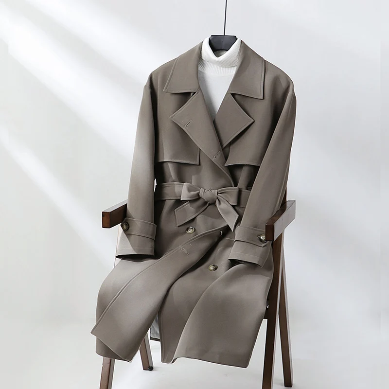 Damen Langer taillierter Trenchcoat mit weitem Schalkragen und Bindegürtel Nord Taschen