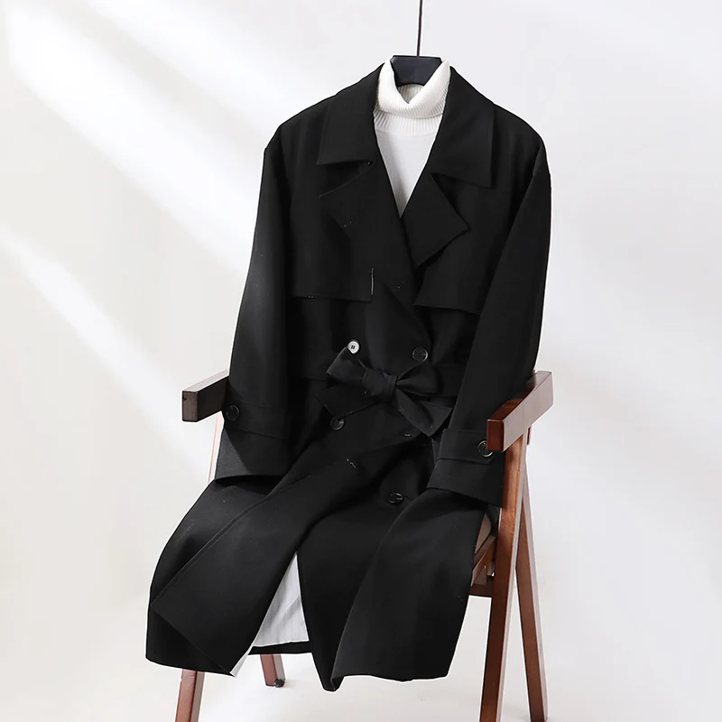 Damen Langer taillierter Trenchcoat mit weitem Schalkragen und Bindegürtel Nord Taschen